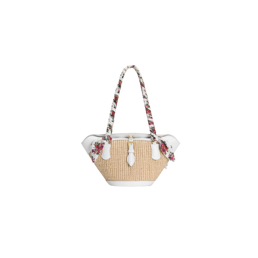 Sac cabas panier DOLCE & GABBANA Capri Coffa cuir blanc Raphia anse foulard fleurs