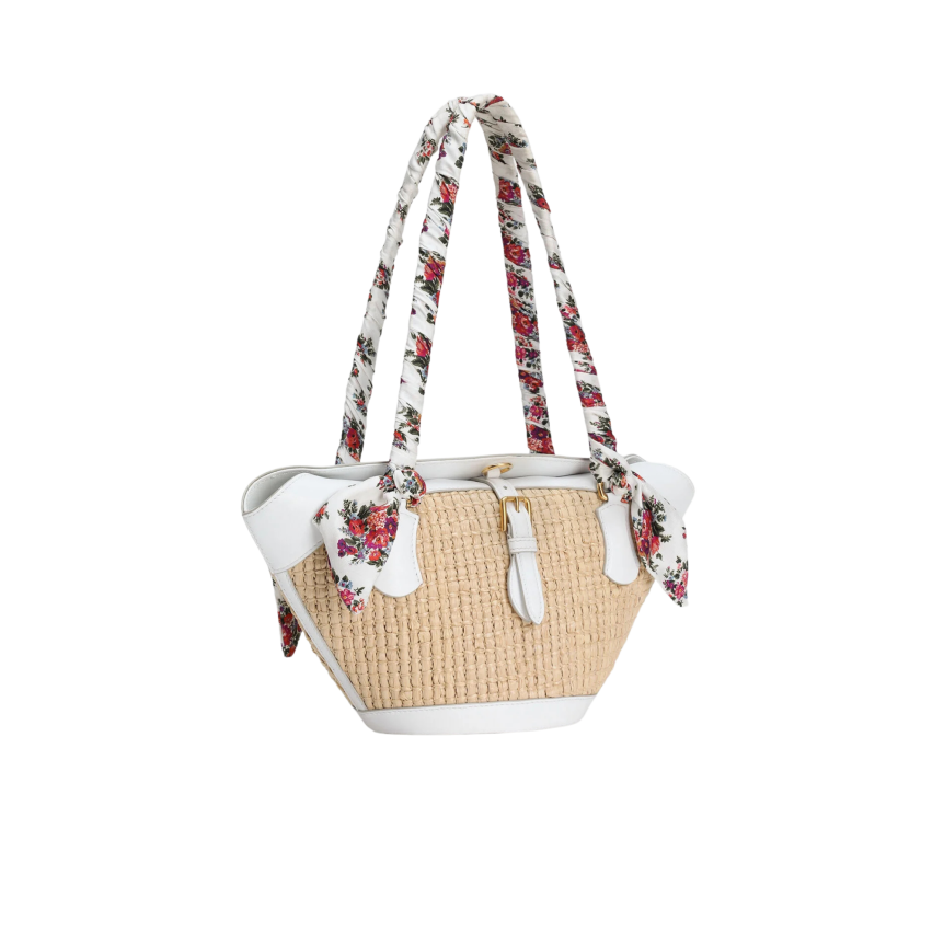 Sac cabas panier DOLCE & GABBANA Capri Coffa cuir blanc Raphia anse foulard fleurs