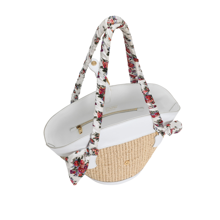 Sac cabas panier DOLCE & GABBANA Capri Coffa cuir blanc Raphia anse foulard fleurs