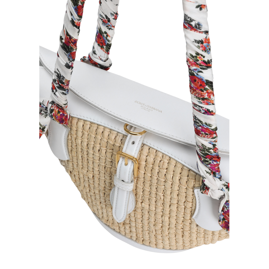 Sac cabas panier DOLCE & GABBANA Capri Coffa cuir blanc Raphia anse foulard fleurs