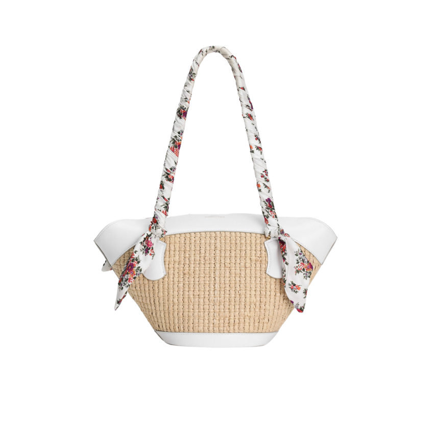 Sac cabas panier DOLCE & GABBANA Capri Coffa cuir blanc Raphia anse foulard fleurs