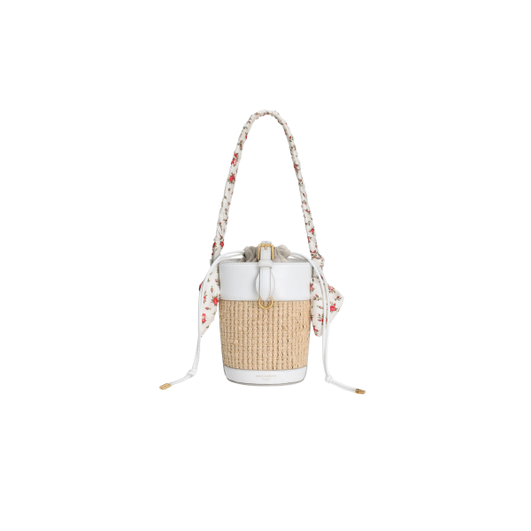 Sac seau DOLCE & GABBANA Capri cuir blanc Raphia anse foulard fleurs