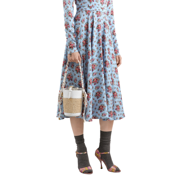Sac seau DOLCE & GABBANA Capri cuir blanc Raphia anse foulard fleurs