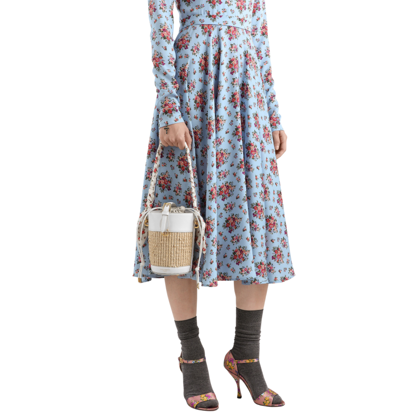 Sac seau DOLCE & GABBANA Capri cuir blanc Raphia anse foulard fleurs