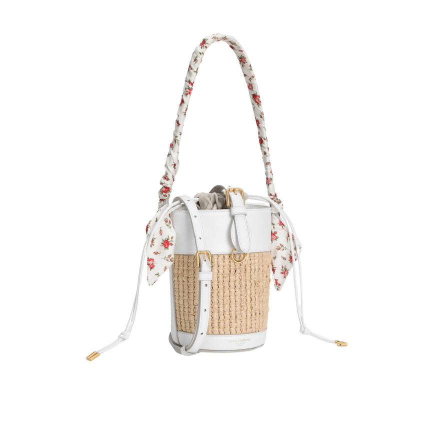 Sac seau DOLCE & GABBANA Capri cuir blanc Raphia anse foulard fleurs