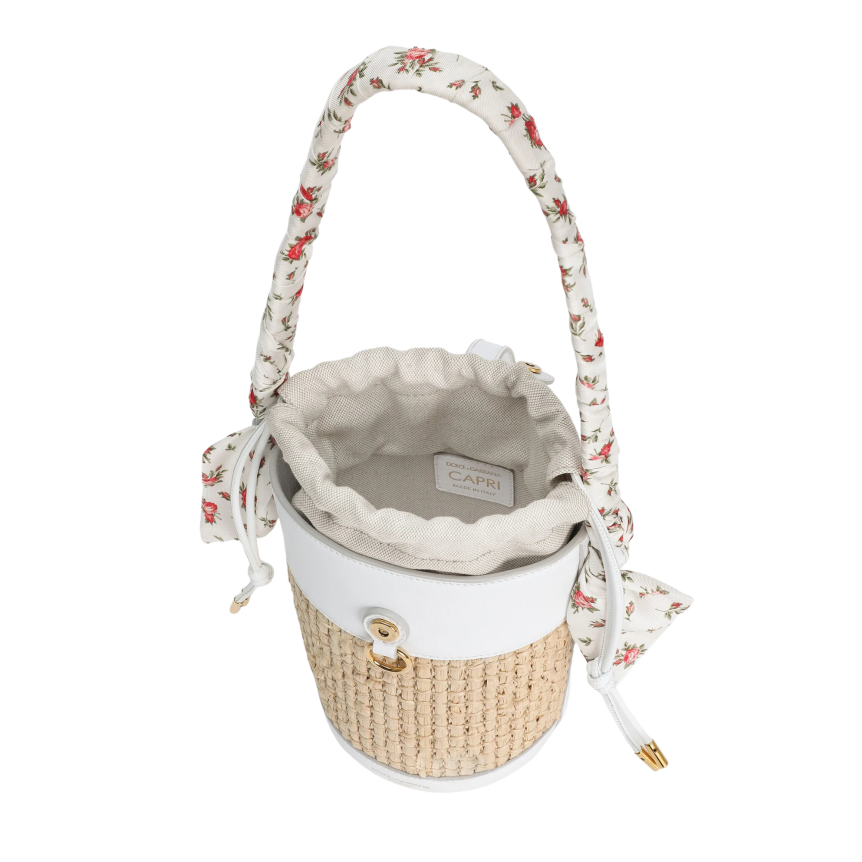 Sac seau DOLCE & GABBANA Capri cuir blanc Raphia anse foulard fleurs