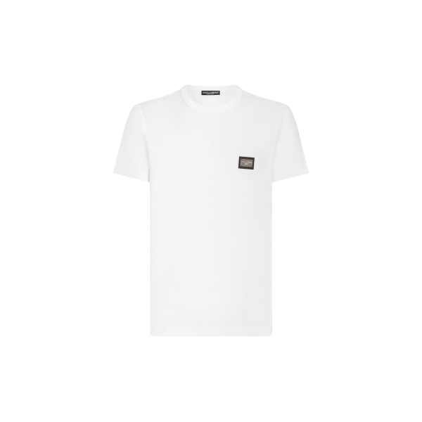 T-shirt col rond DOLCE  & GABBANA manche courte coton blanc plaque métal poitrine