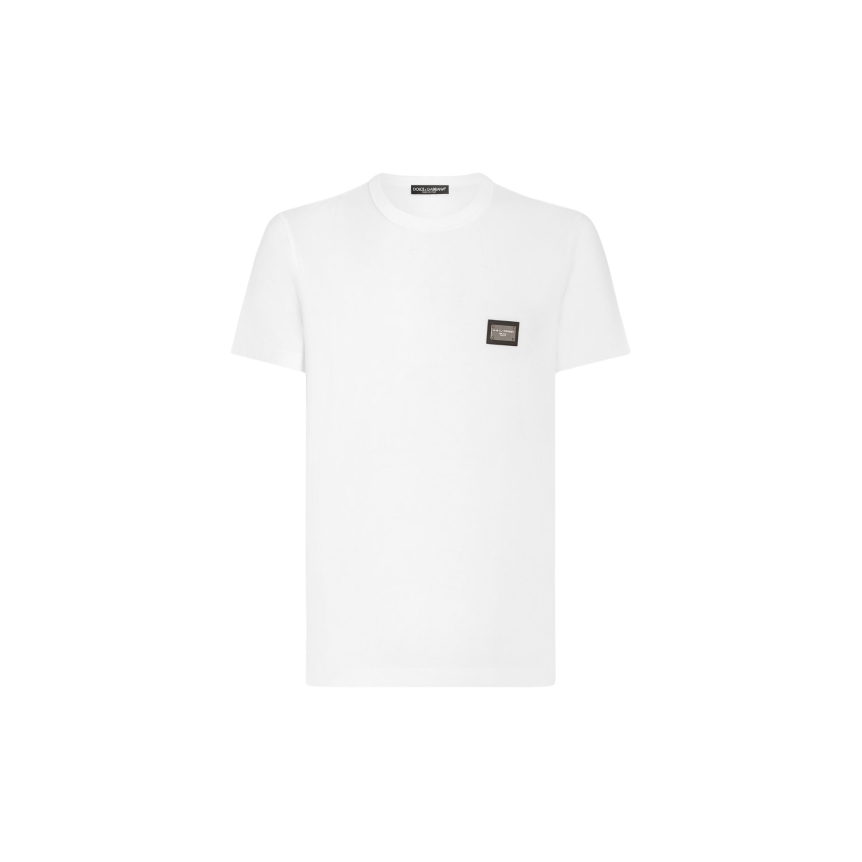 T-shirt col rond DOLCE  & GABBANA manche courte coton blanc plaque métal poitrine
