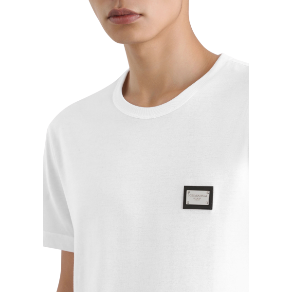 T-shirt col rond DOLCE  & GABBANA manche courte coton blanc plaque métal poitrine