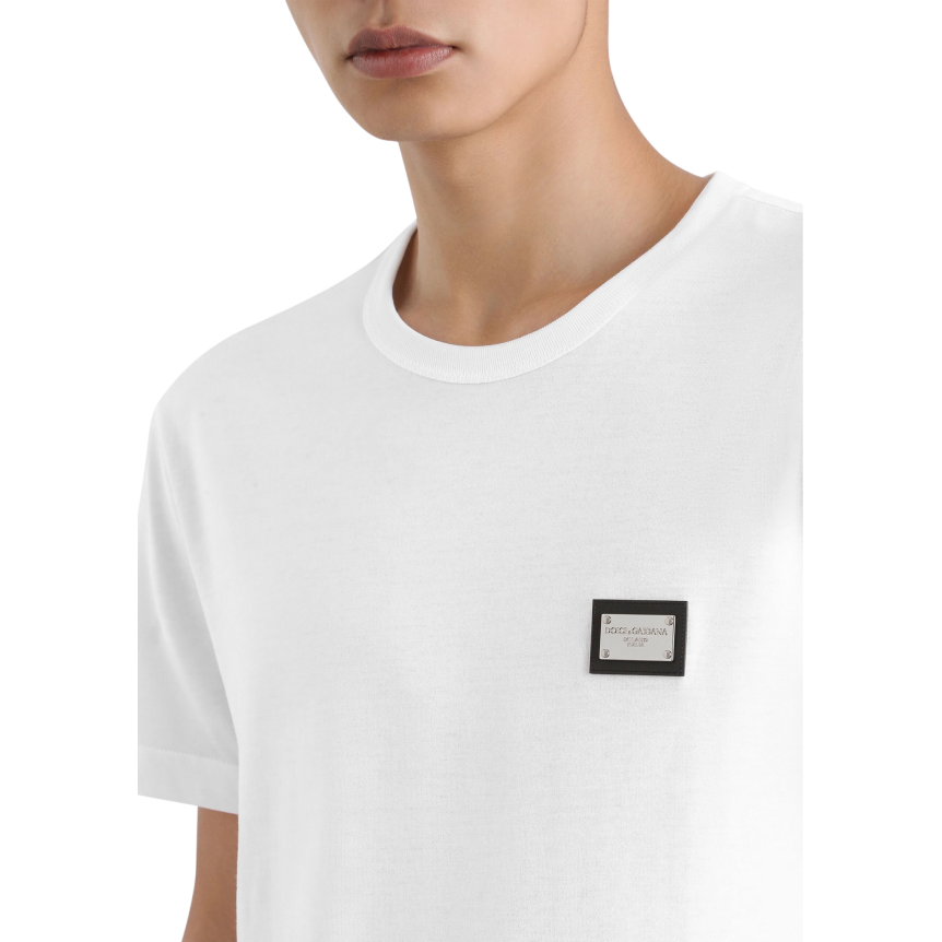 T-shirt col rond DOLCE  & GABBANA manche courte coton blanc plaque métal poitrine