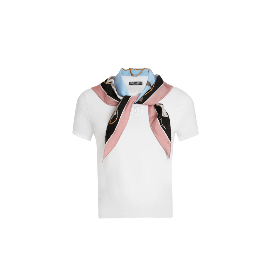 T-shirt col rond DOLCE & GABBANA coton jersey blanc col foulard imprimé à nouer