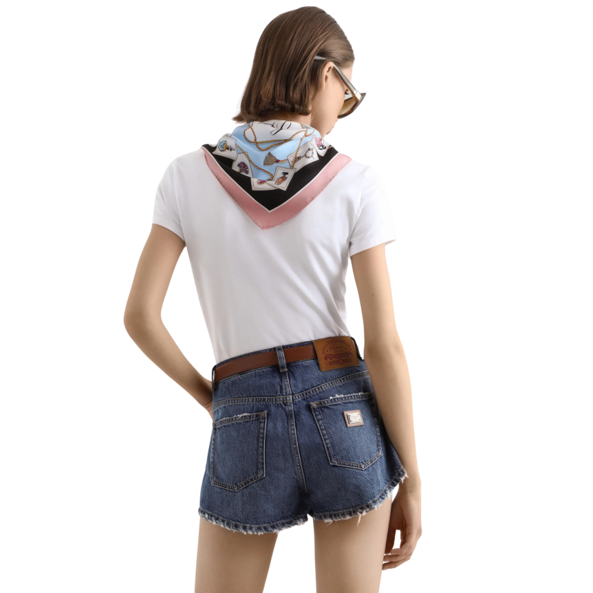 T-shirt col rond DOLCE & GABBANA coton jersey blanc col foulard imprimé à nouer