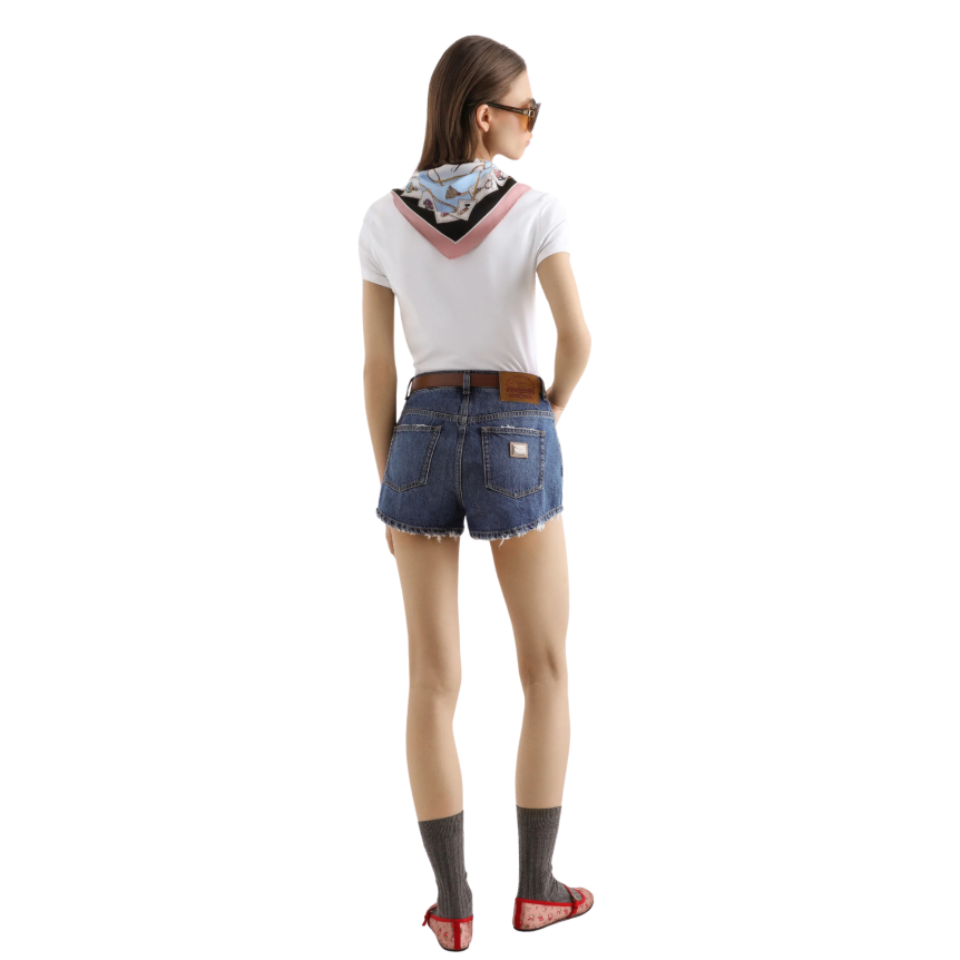 T-shirt col rond DOLCE & GABBANA coton jersey blanc col foulard imprimé à nouer