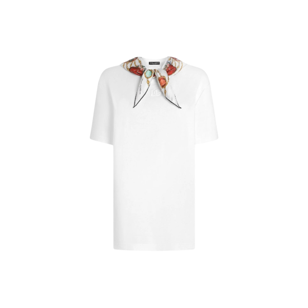 T-shirt col rond DOLCE & GABBANA coton jersey blanc col foulard imprimé à nouer