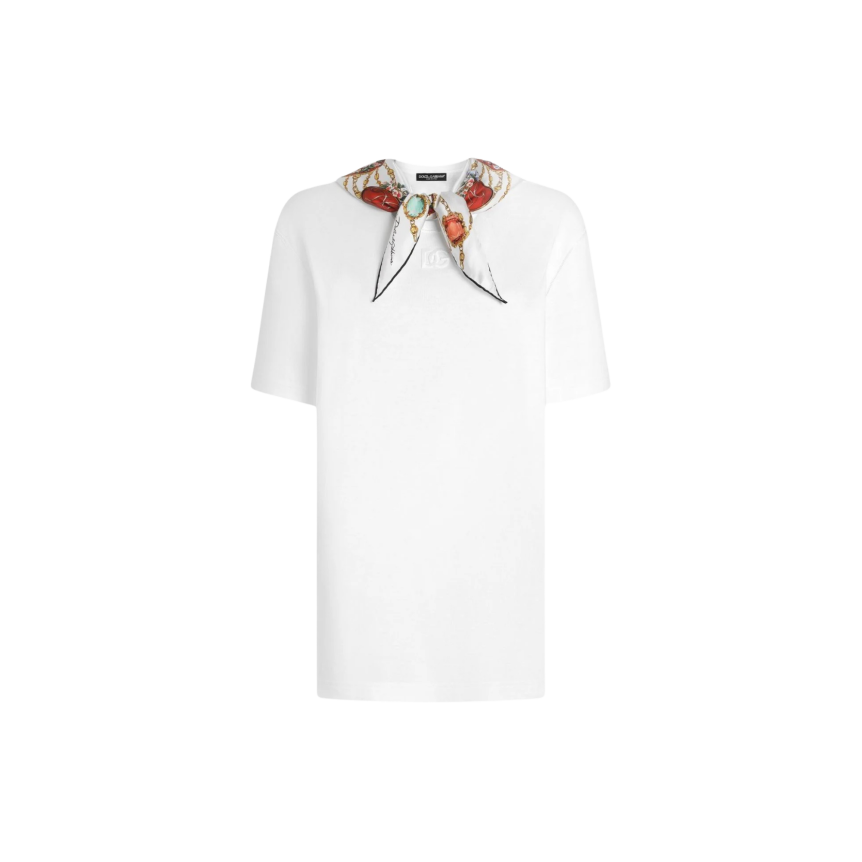 T-shirt col rond DOLCE & GABBANA coton jersey blanc col foulard imprimé à nouer