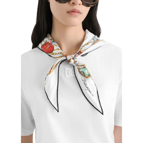 T-shirt col rond DOLCE & GABBANA coton jersey blanc col foulard imprimé à nouer