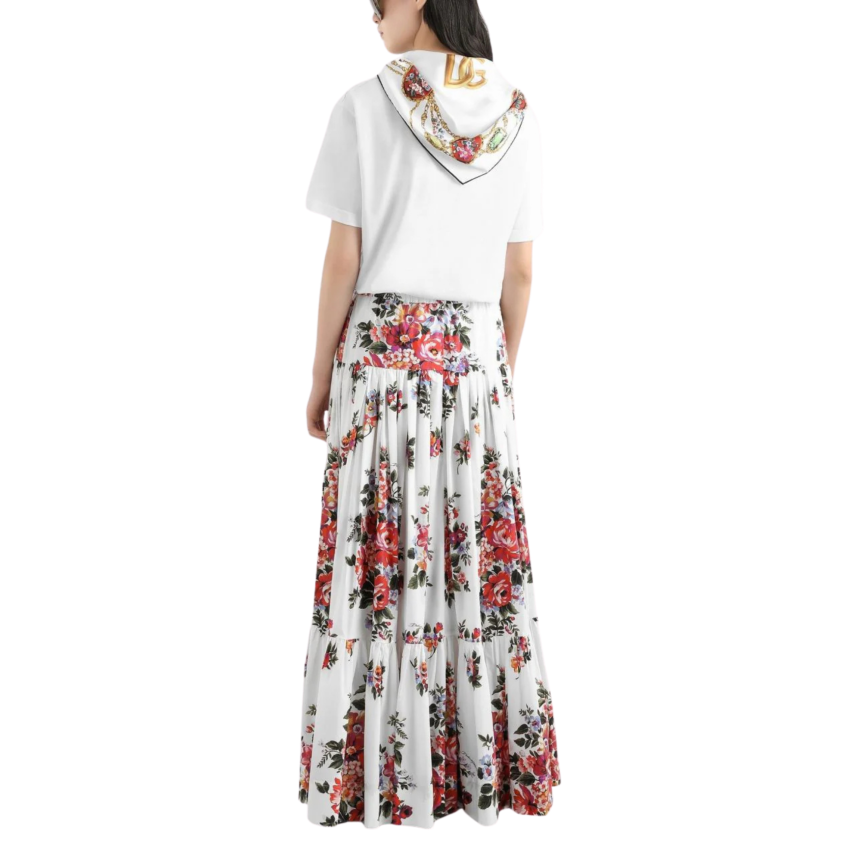 T-shirt col rond DOLCE & GABBANA coton jersey blanc col foulard imprimé à nouer