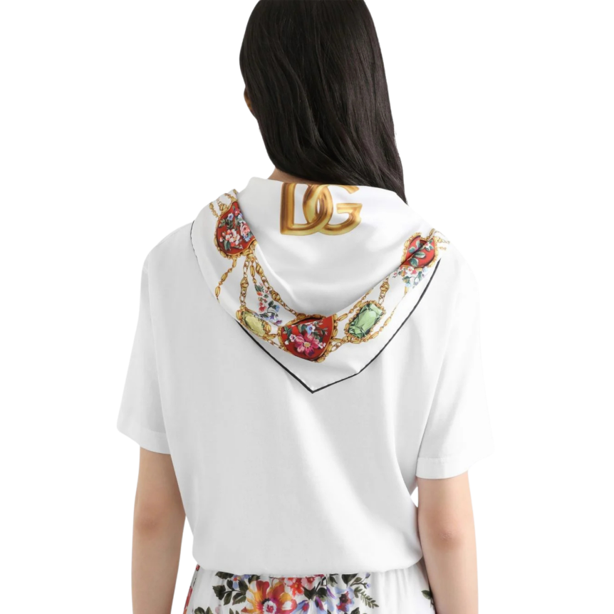 T-shirt col rond DOLCE & GABBANA coton jersey blanc col foulard imprimé à nouer
