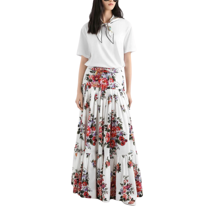 T-shirt col rond DOLCE & GABBANA coton jersey blanc col foulard imprimé à nouer