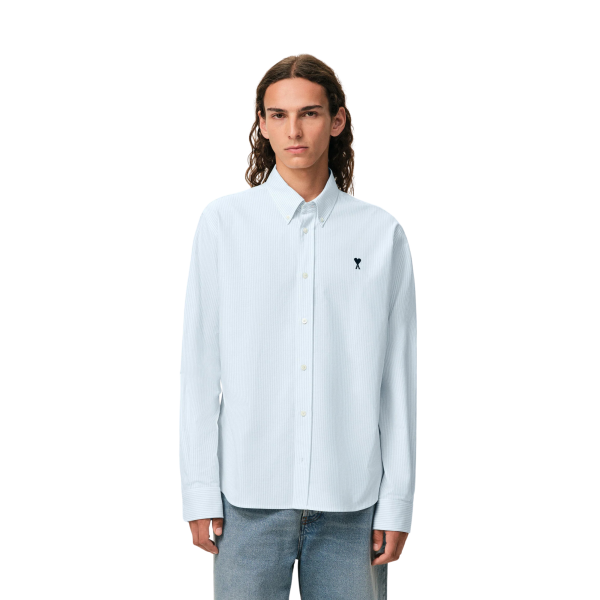 Chemise Oxford AMI Paris manche longue coton blanc bleu rayures