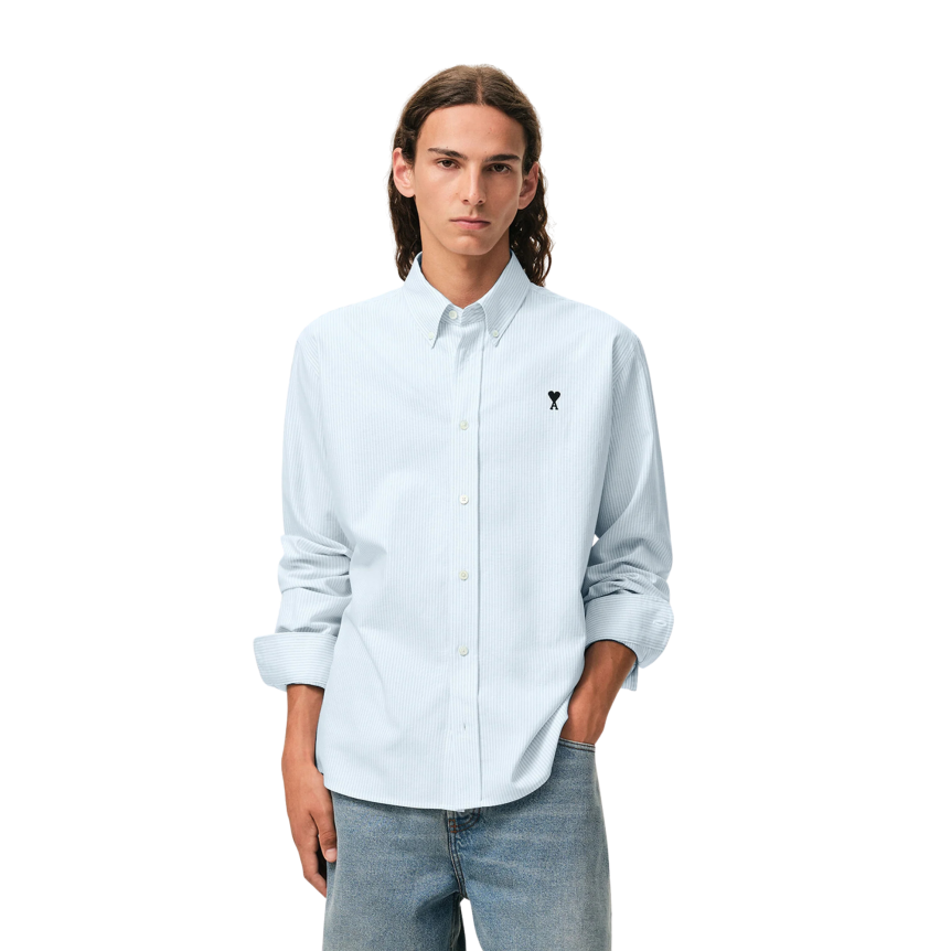 Chemise Oxford AMI Paris manche longue coton blanc bleu rayures