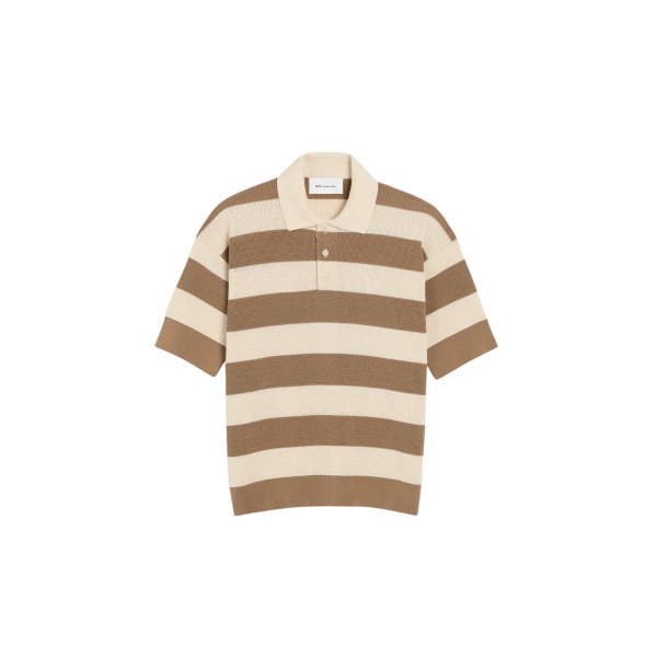 Polo manche courte AMI Paris maille coton ajourée  écru rayures marron