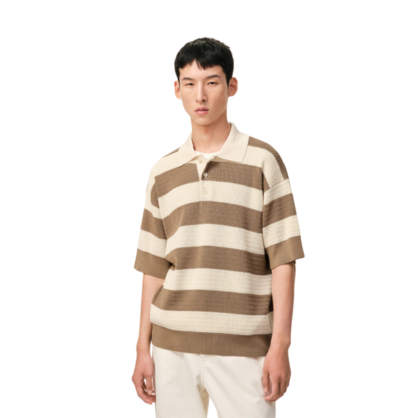 Polo manche courte AMI Paris maille coton ajourée  écru rayures marron