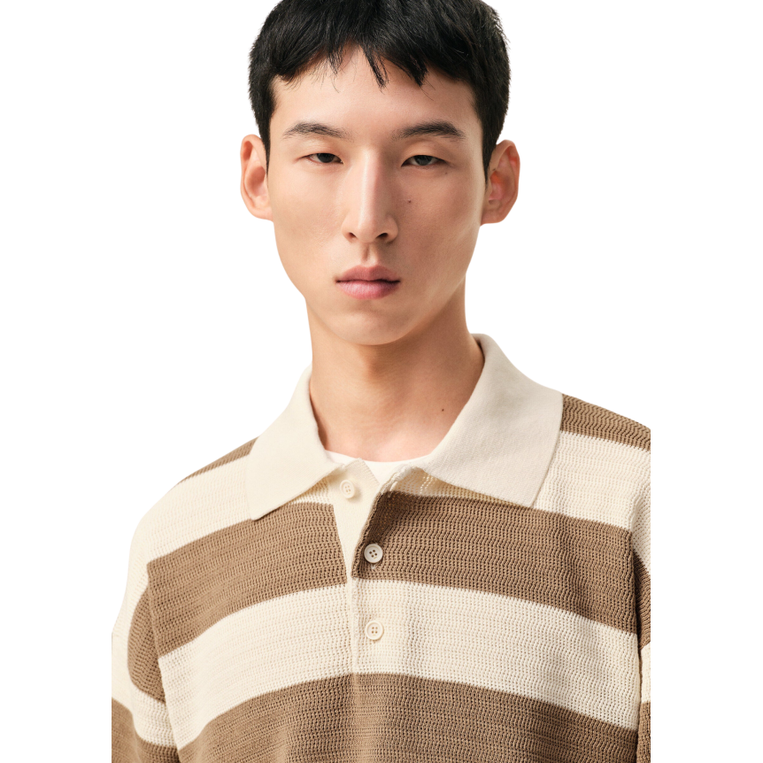 Polo manche courte AMI Paris maille coton ajourée  écru rayures marron