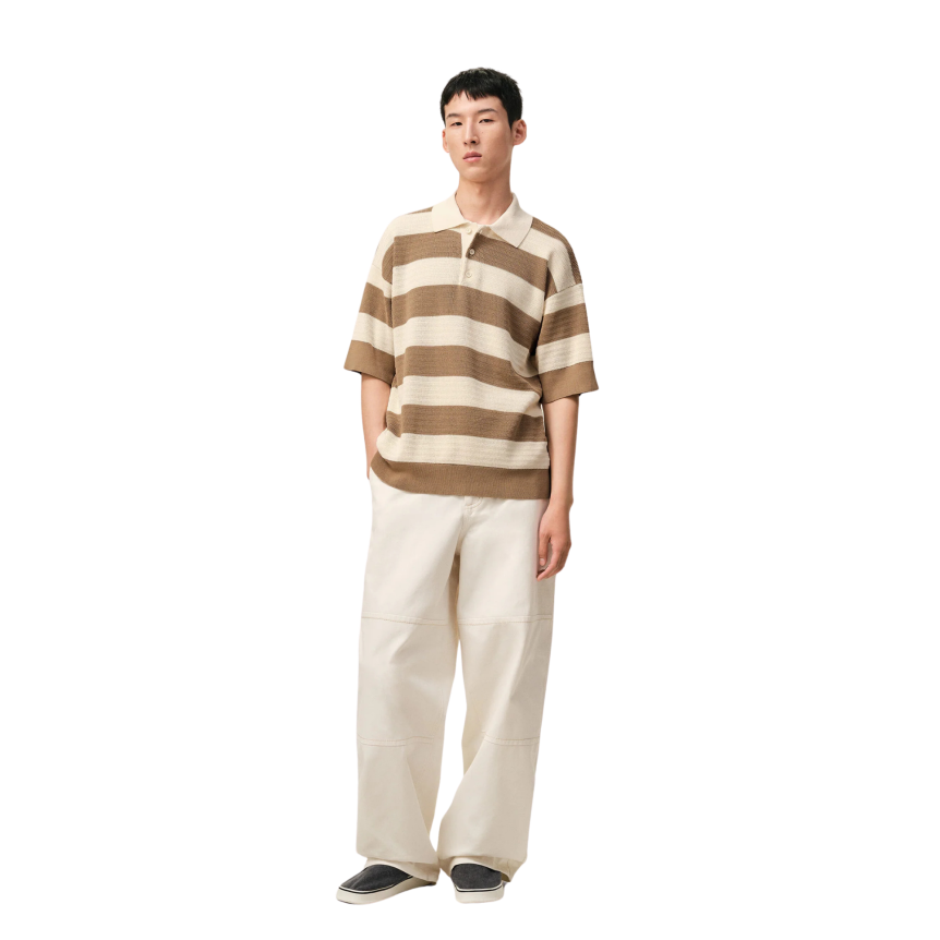 Polo manche courte AMI Paris maille coton ajourée  écru rayures marron