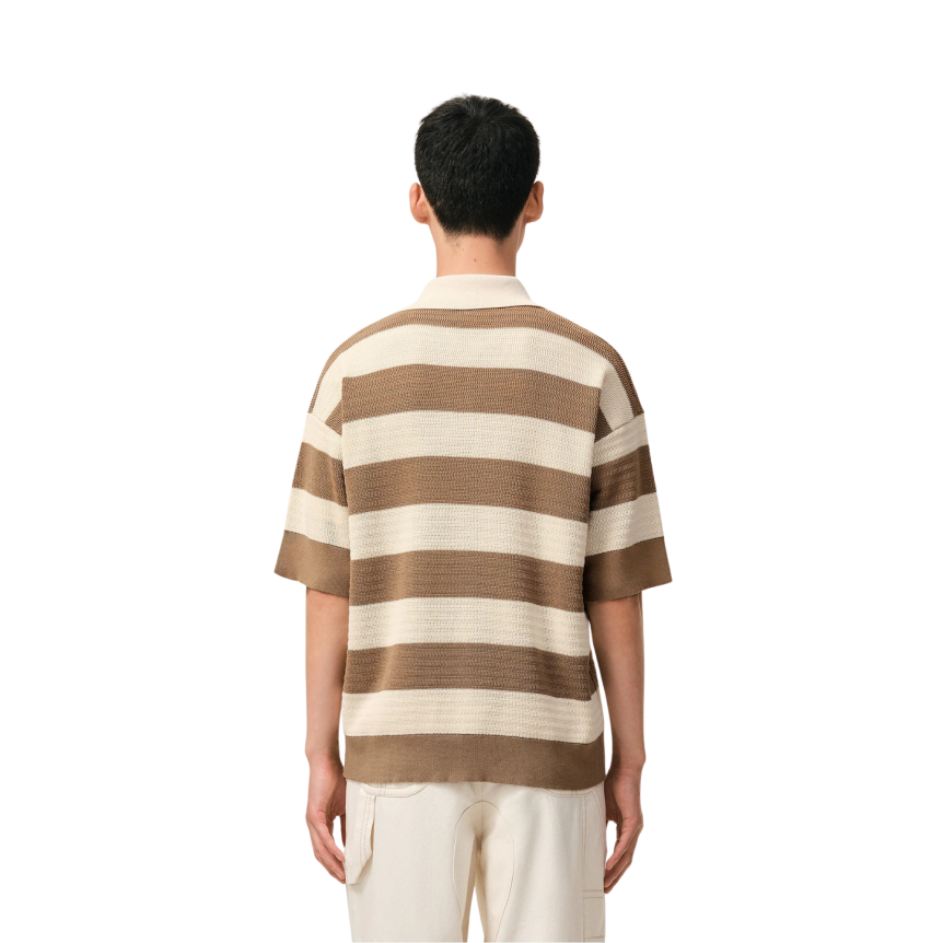 Polo manche courte AMI Paris maille coton ajourée  écru rayures marron