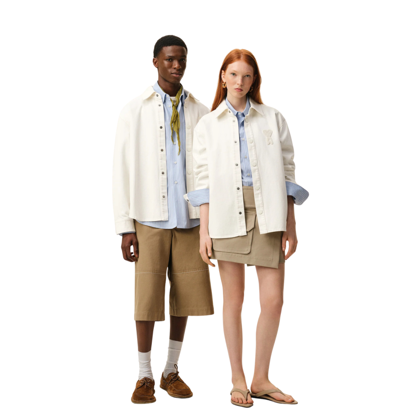 Veste surchemise à pression  twill coton écru broderie crochet gros cœur beige