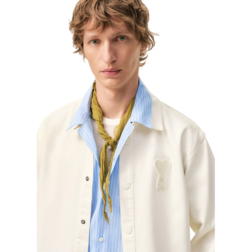 Veste surchemise à pression  twill coton écru broderie crochet gros cœur beige