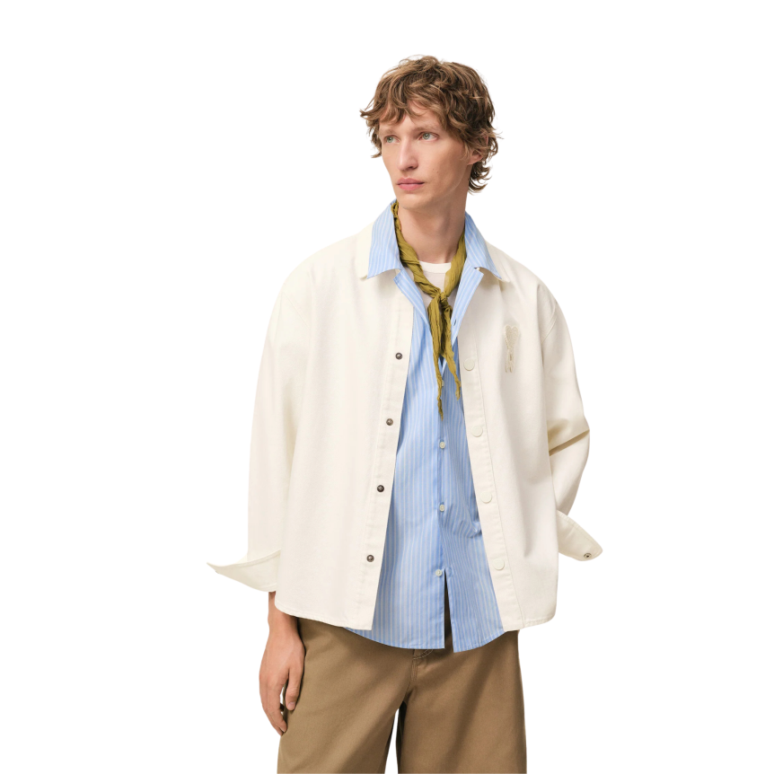 Veste surchemise à pression  twill coton écru broderie crochet gros cœur beige