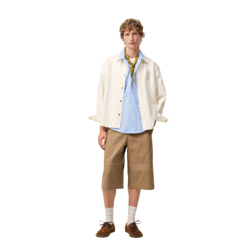 Veste surchemise à pression  twill coton écru broderie crochet gros cœur beige