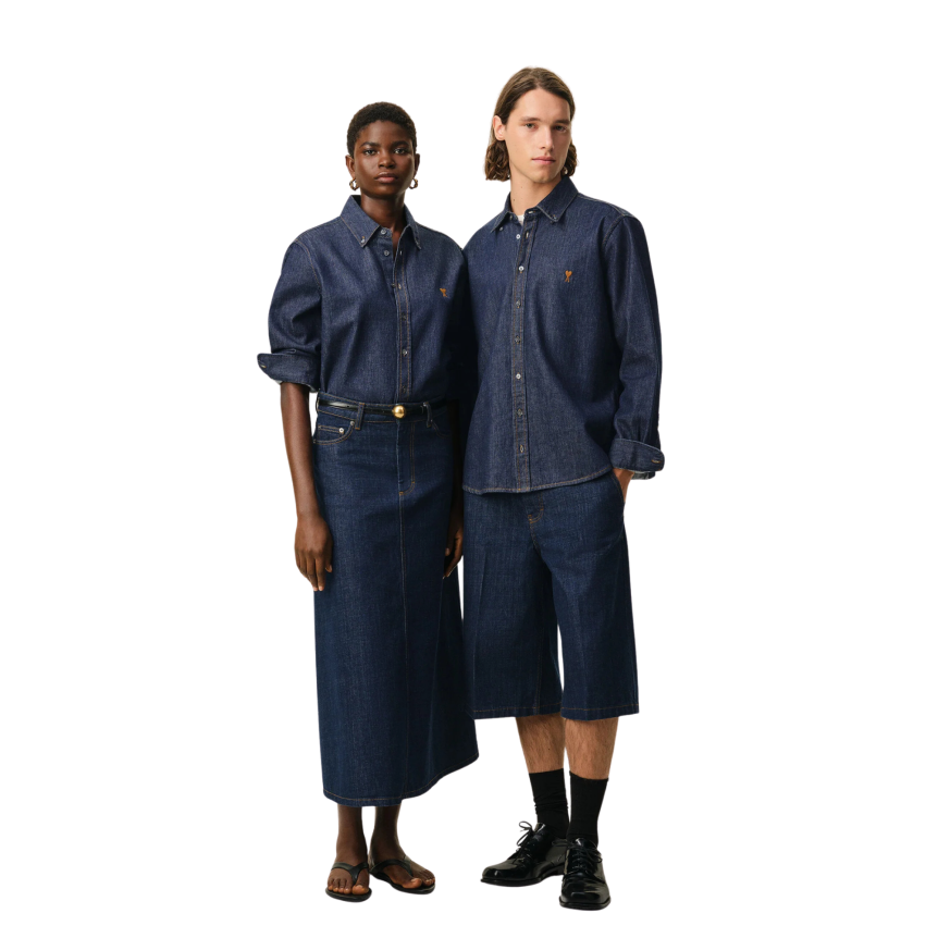 Chemise AMI Paris à col boutonné denim bleu indigo brut léger broderie cœur bronze