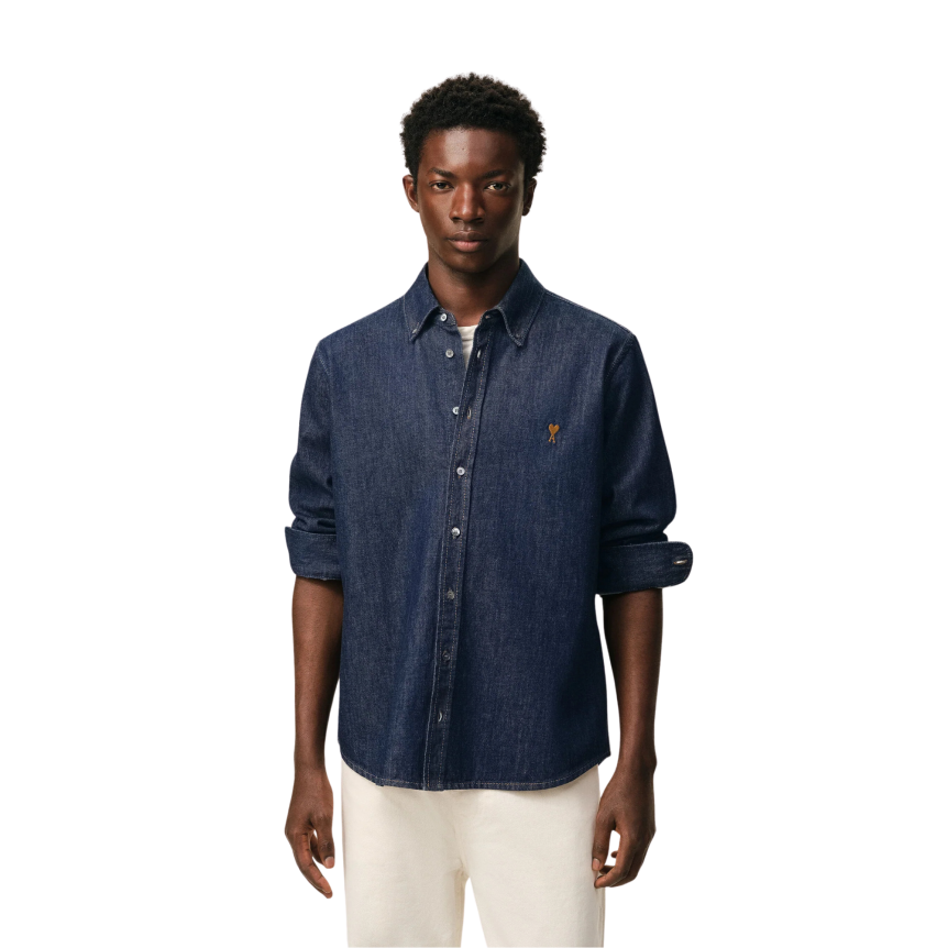 Chemise AMI Paris à col boutonné denim bleu indigo brut léger broderie cœur bronze