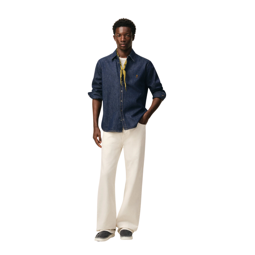 Chemise AMI Paris à col boutonné denim bleu indigo brut léger broderie cœur bronze