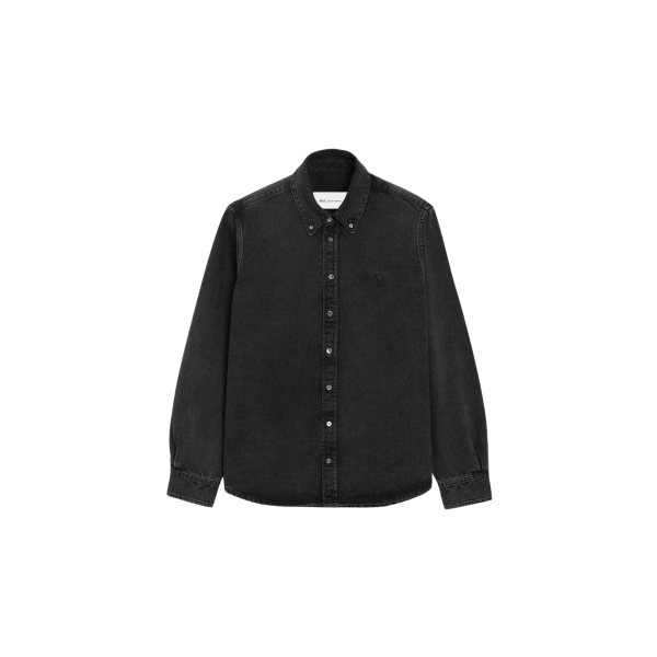 Chemise à col boutonné AMI Paris coton denim noir délavé broderie cœur noir