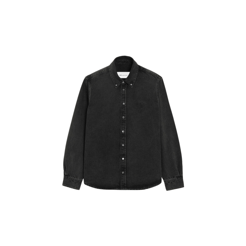 Chemise à col boutonné AMI Paris coton denim noir délavé broderie cœur noir