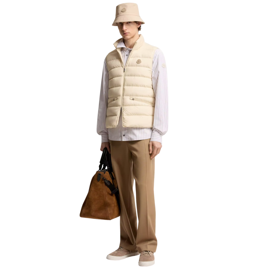 Gilet sans manche MONCLER Lechtal doudoune nylon écru logo cuir
