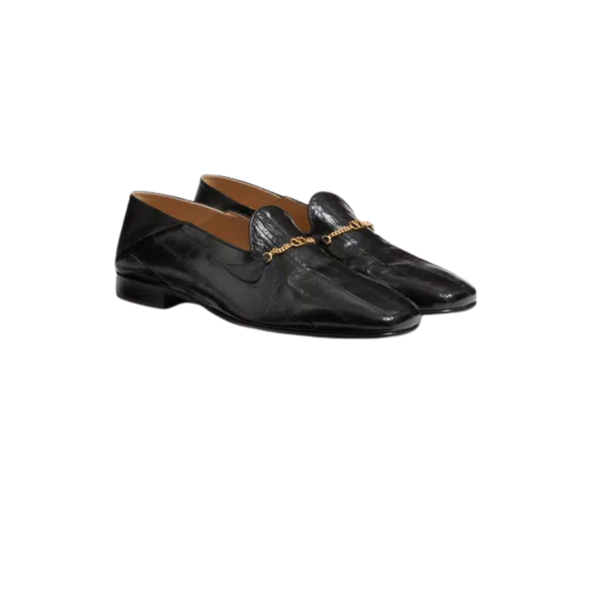 Mocassin VALENTINO Jiggie cuir anguille noir chaîne v logo doré