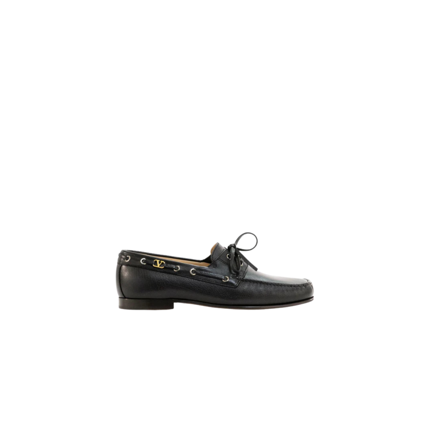Mocassin bateau VALENTINO cuir veau grainé noir bout carré lacets V logo doré
