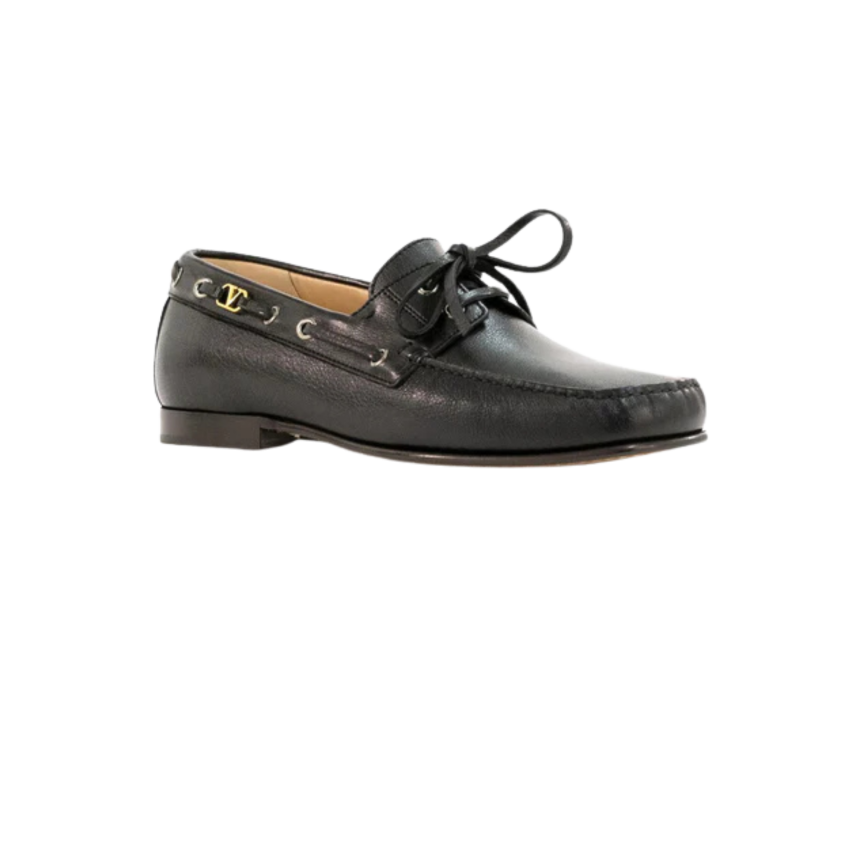 Mocassin bateau VALENTINO cuir veau grainé noir bout carré lacets V logo doré