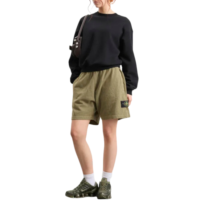 Short jogging STONE ISLAND molleton coton flammé kaki