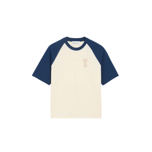 T-shirt col rond AMI Paris coton écru manches bleu gros cœur écru