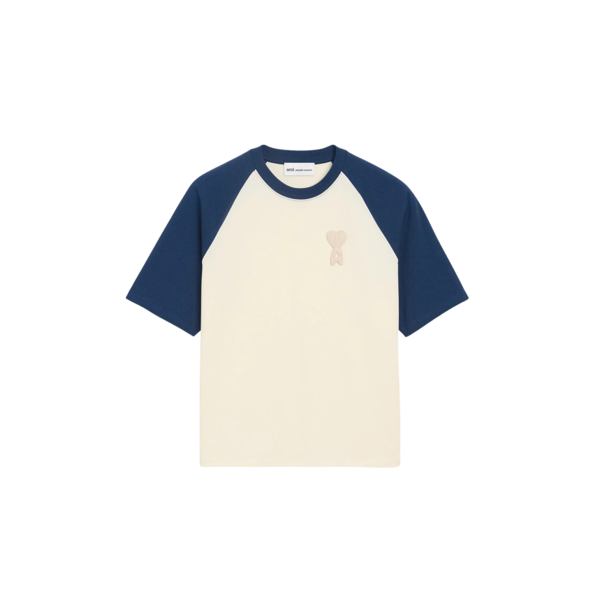 T-shirt col rond AMI Paris coton écru manches bleu gros cœur écru