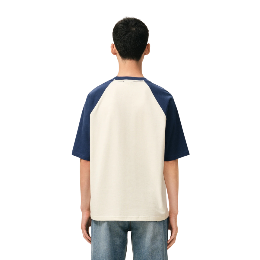 T-shirt col rond AMI Paris coton écru manches bleu gros cœur écru