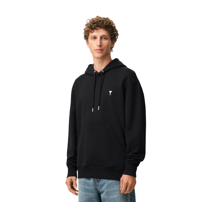 Sweat-shirt à capuche Hoodie AMI Paris molleton coton noir cœur blanc