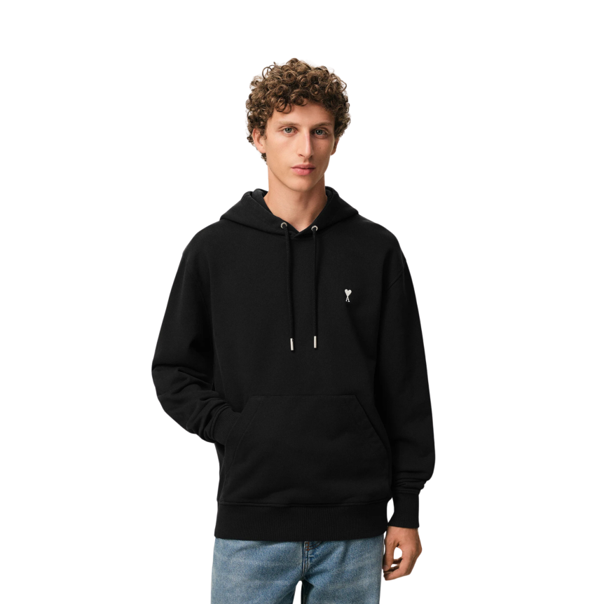 Sweat-shirt à capuche Hoodie AMI Paris molleton coton noir cœur blanc