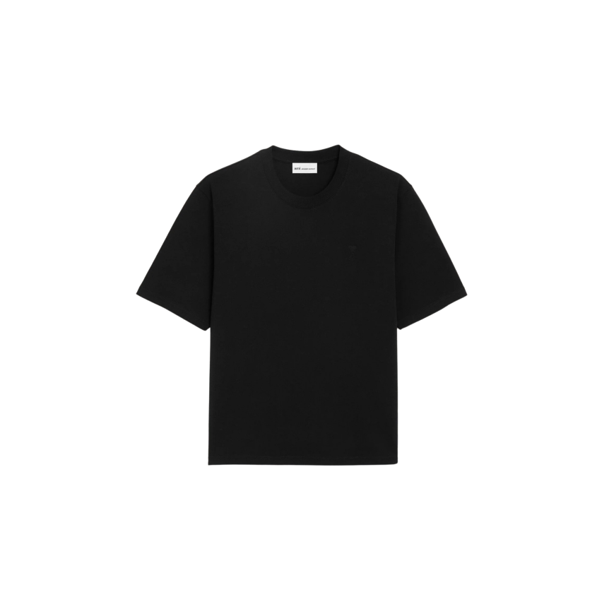 T-shirt col rond AMI Paris jersey coton épais noir cœur embossé